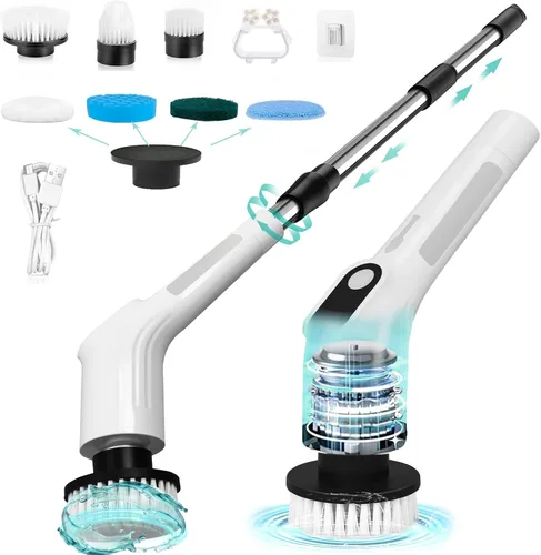 Vista 8 de Limpiador eléctrico giratorio, cepillo de limpieza de ducha inalámbrico impermeable con cabezales de cepillo reemplazables y mango de extensión