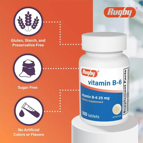 Vista 4 de Rugby Vitamina B-6 Tabletas – 25 mg de vitamina B6 – Suplemento dietético – 100 unidades (1 paquete)