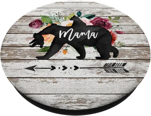 Vista 2 de Mama Bear Dos Cubs Twins Rustic Barn Wood Watercolor Floral - PopSockets Grip and Stand for Phones and Tablets, Negro