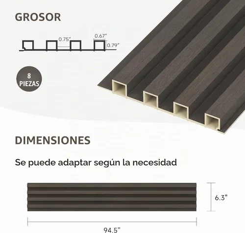 Vista 2 de Paneles de listones de pared WPC, paquete de 8, 95 x 6 pulgadas, listones de acento de madera para paredes y techos, paneles acústicos