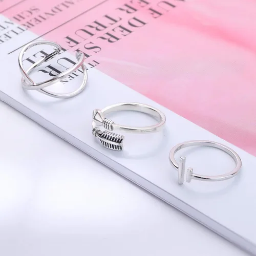 Vista 4 de Fiasaso Juego de 3 anillos apilables de plata de ley 925 abiertos y ajustables para mujeres y hombres minimalistas en X con flechas cruzadas