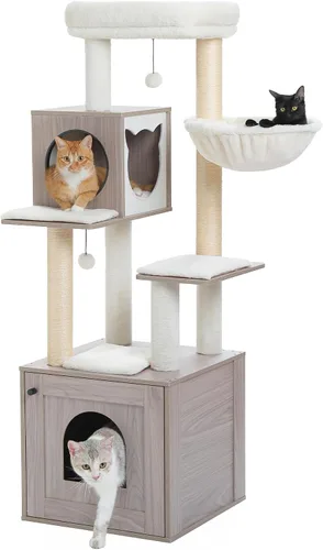 Vista 11 de PETEPELA Árbol para gatos de 56.7 pulgadas con caja de arena, torre grande de madera para gatos de interior con armario de almacenamiento y acogedor