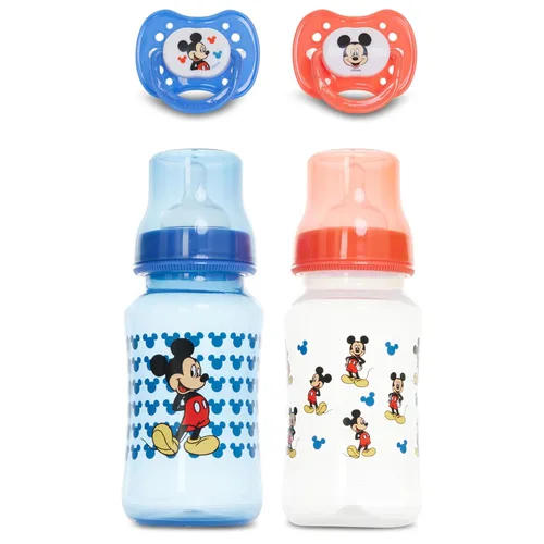 Vista 9 de Disney Juego de biberones y chupetes para bebé, 2 botellas en forma de reloj de arena de 11 onzas + 2 chupetes de ortodoncia, diseños con licencia