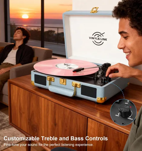 Vista 8 de VINYLSLINK Reproductor de discos de vinilo con Bluetooth, tocadiscos portátil de 3 velocidades con control de agudos y graves, altavoces estéreo