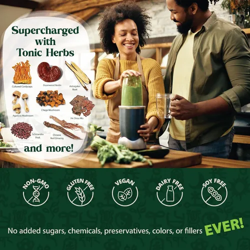 Vista 5 de Dragon Herbs Tonic Alchemy Superfood Greens Powder - Paquete de una sola porción - 91 ingredientes: hierbas tónicas, ashwagandha, champiñones