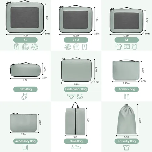 Vista 2 de Cubos de equipaje para viajes, 10 unidades, color menta, organizador de equipaje duradero, 4 tamaños (extra grande, grande, mediano, pequeño), cubos