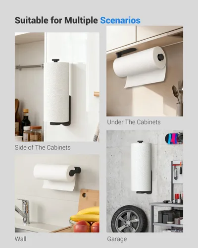 Vista 5 de Soporte para toallas de papel debajo del gabinete, desgarre con una mano, montaje en pared, adhesivo, negro, soporte para rollo de papel