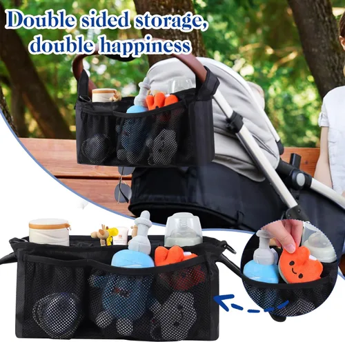 Vista 4 de Organizador de cochecito con portavasos aislado, organizador universal para cochecito de bebé, bolsillos con cremallera para teléfono, correas