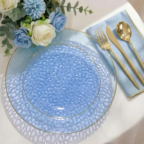 Vista 5 de I00000 150 platos de plástico azul transparente con borde dorado, platos desechables azules, juego de platos desechables con patrón de martillo