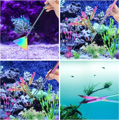 Vista 2 de Catcan Kit de herramientas de acuario 4 en 1, acero inoxidable antioxidante, pinzas para paisajismo acuático, tijeras, espátula para limpieza