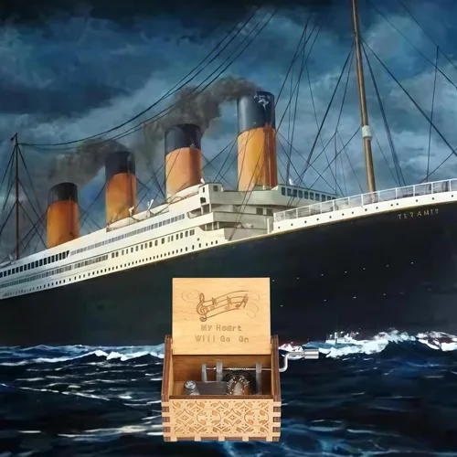 Vista 4 de The Titanic - Caja de música de juguete con manivela de madera tallada con manivela de juguete