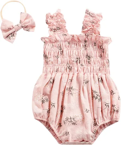 Vista 8 de Body sin mangas para bebé recién nacida con cuello halter y volantes, mameluco enterizo con diadema, conjunto de ropa de verano Albaricoque