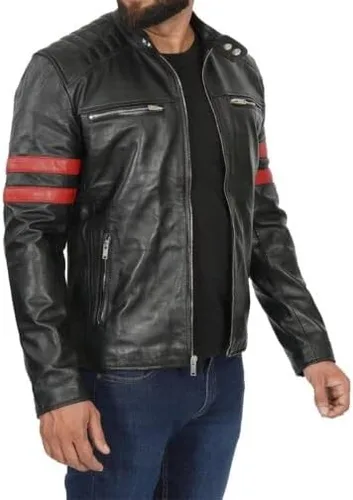 Vista 2 de POOLVOS Chaqueta de motocicleta de cuero para hombre con rayas rojas, color negro