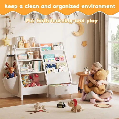 Vista 4 de Estantería infantil y organizador de almacenamiento de juguetes, estantería Montessori de 3 niveles para bebés y niños pequeños con bolsillos