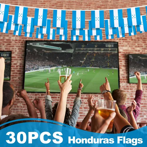 Vista 5 de Banderín de bandera de Honduras, pequeña mini bandera hondureña, decoración nacional de país para escuela, fiesta, eventos deportivos, 33 pies 30