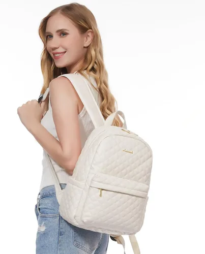 Vista 2 de LOVEVOOK Mochila pequeña acolchada para mujer, mochila de cuero, impermeable, para viajes de trabajo, Beige, Compacto
