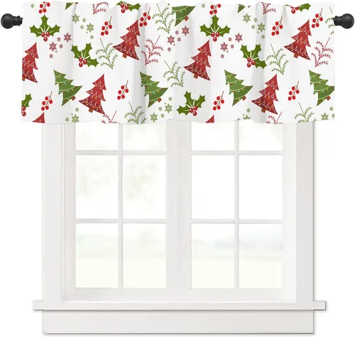 Vista 10 de Cortinas de cenefa de Navidad para ventanas, diseño de árbol de Navidad, color blanco y rojo, elegantes cenefas de cocina para ventanas con 11