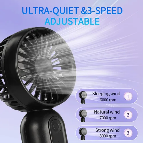 Vista 2 de VanSmaGo - Mini ventilador portátil de mano con 3 velocidades para viajes, ventilador de pestañas recargable por USB, funciona con pilas, negro