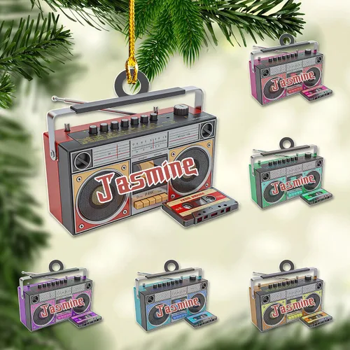 Vista 13 de Adorno de radio personalizado 2025, adorno de radio retro personalizado, cinta de cassette, adornos retro, adornos de radio de Navidad, adornos