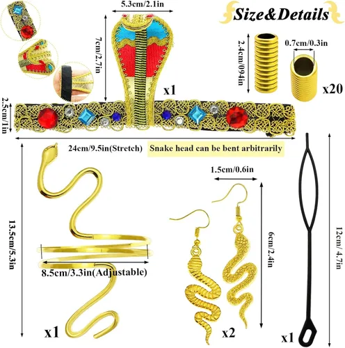 Vista 5 de RechicGu Juego de 25 piezas de accesorios de disfraz de Cleopatra egipcia, tocado de serpiente, aretes de brazo dorado para cosplay