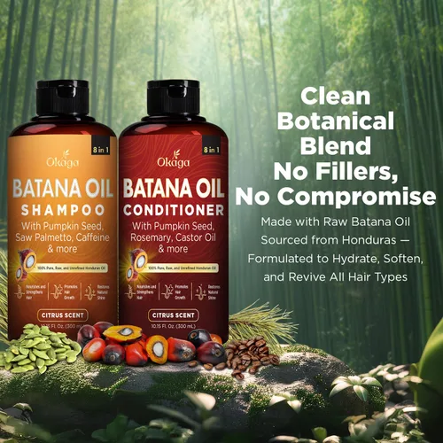 Vista 2 de Paquete de Champú y Acondicionador de Aceite de Batana (Set de Ducha Okaaga) con Jugo de Hoja de Aloe Vera, Serenoa, Cafeína, Biotina, Jojoba