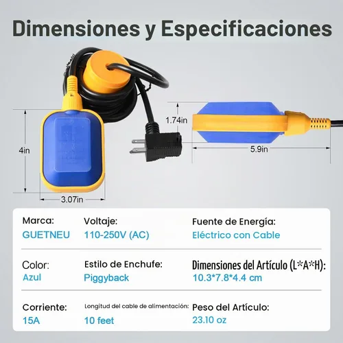 Vista 3 de Interruptor de flotador atado universal con contrapeso 15A, 110 ~ 250 V CA