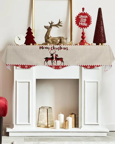 Vista 5 de Bufanda de manto de 60 x 17 pulgadas, diseño de cuadros rojos de búfalo a cuadros, alce de Navidad, chimenea, cubierta de mantel para Navidad