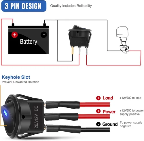 Vista 3 de Nilight Interruptor de palanca basculante de 12 piezas, 3 pines 12V 20A con cable, luz LED redonda, interruptores de encendido y apagado SPST
