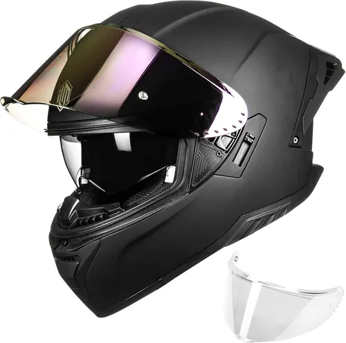 Vista 9 de ILM Cascos de motocicleta de cara completa para adultos, hombres y mujeres, doble visera Powersports Motorbike Street Racing 619 (negro dorado, S)