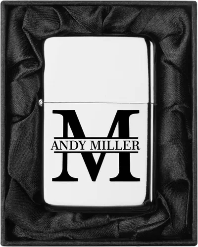 Vista 27 de Encendedor personalizado grabado en caja de regalo forrada en seda negra (Monograma circular 2, negro)