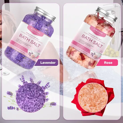 Vista 3 de Kit de sales de baño, sal rosa del Himalaya, 46 onzas, paquete de 2 aceites esenciales de sal de Epsom natural y lavanda, relaja y duerme mejor