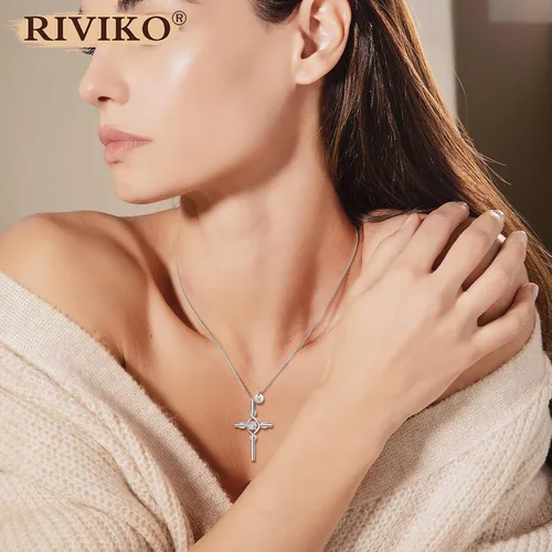 Vista 4 de RIVIKO Collar con dije de cruz con inicial para mujeres y niñas, plata de ley 925, delicados collares de letras, nombre del alfabeto, joyería
