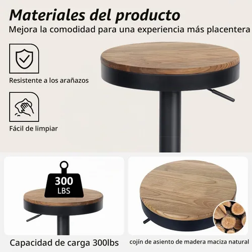 Vista 4 de Kidol & Shellder - Juego de 2 taburetes de bar ajustables giratorios sin espalda, modernos y redondos de madera, sillas de barra de altura sin