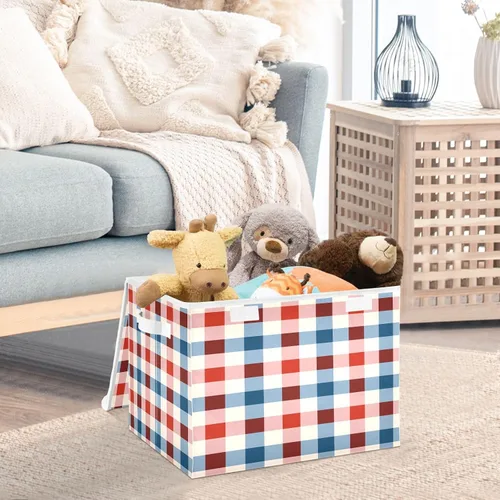 Vista 2 de Ollabaky Caja de almacenamiento plegable patriótica del 4 de julio a cuadros más grande de tela, caja de almacenamiento decorativa, organizador