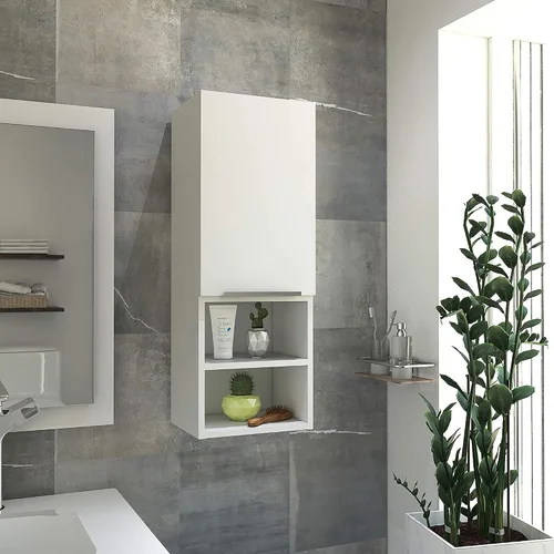 Vista 10 de Armario de pared para baño, botiquín montado en la pared, puerta única y estantes abiertos, sala de estar, baño, organizador de almacenamiento Negro