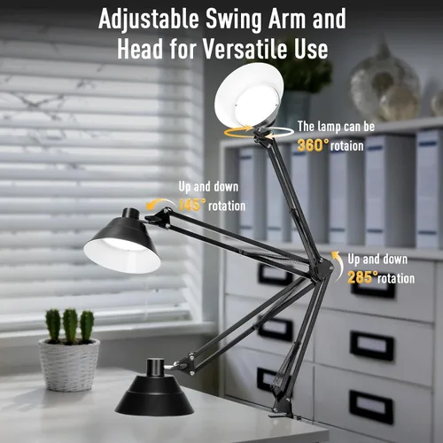 Vista 7 de Lámpara de escritorio LED para oficina en casa, lámpara de escritorio con brazo oscilante con abrazadera, lámpara de mesa de cuello de cisne Negro