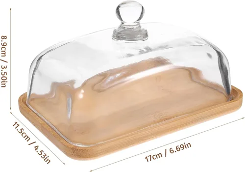 Vista 2 de Hemoton Plato de vidrio transparente para tartas con base de madera y cubierta de cúpula – 6.69 x 4.52 x 3.50 pulgadas, bandeja de postre