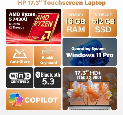 Vista 2 de HP Laptop empresarial con pantalla táctil 17, pantalla HD antirreflejo de 17.3 pulgadas, Windows 11 Pro, computadora Copilot, AMD Ryzen 5 7430U