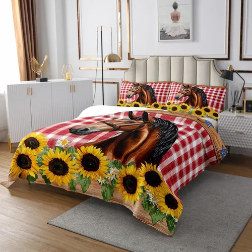 Vista 3 de Colcha de caballo de girasol, tamaño individual, ropa de cama acolchada de herradura con estrellas del oeste de Texas para cabaña rústica de granja