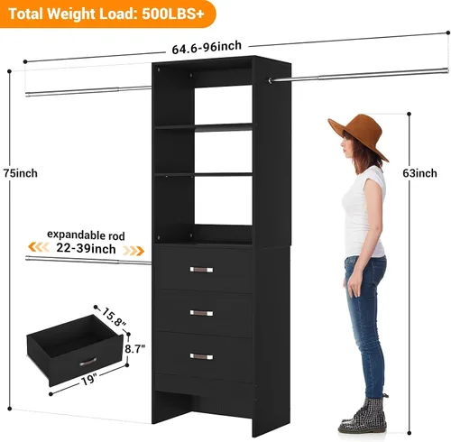Vista 2 de Homieasy Sistema Organizador de Armario de 96 Pulgadas, Organizador de Armario Walk-In Personalizable de 8 Pies con Varillas para Colgar, Perchero