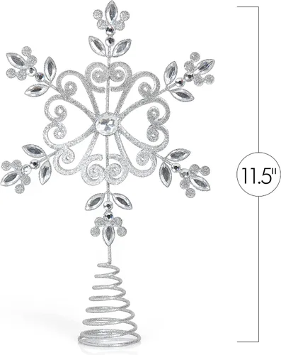 Vista 4 de Ornativity - Copa de árbol con diseño de copos de nieve florales con brillantina plateada – Adorno de Navidad con detalle de gemas brillantes
