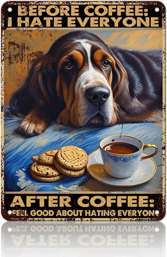 Vista 24 de KIYOYO Basset Hound Dog - Cartel de metal vintage de hound con texto en inglés "Before Coffee After Coffee" (Antes del café después del café)
