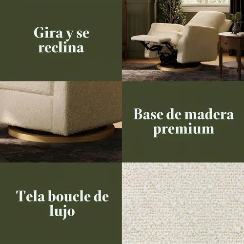 Vista 4 de Namesake Crewe - Silla reclinable para guardería con giro de 360°, color marfil Boucle marfil con base de madera clara