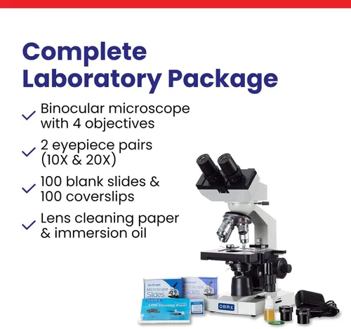 Vista 7 de OMAX Microscopio de laboratorio compuesto binocular LED 40X-2000X con platina mecánica de doble capa + portaobjetos en blanco, cubreobjetos y papel