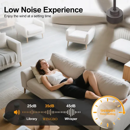 Vista 6 de WINGBO Ventilador de techo de 54 pulgadas sin luz, 5 aspas de madera maciza tallada, motor CC reversible de 6 velocidades, ventilador de techo