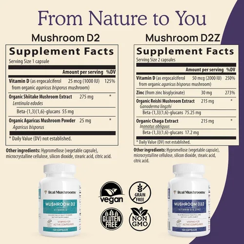 Vista 7 de Real Mushrooms Paquete de vitamina D2, zinc, chaga, reishi (120 unidades) y Cordyceps-M (120 unidades) – Apoyo inmunológico natural, energía