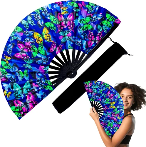 Vista 11 de Abanico de mano grande de 33 cm con luz UV para baile en línea, abanico plegable para botas, actuación, boda, fiesta - Abanico portátil de mano