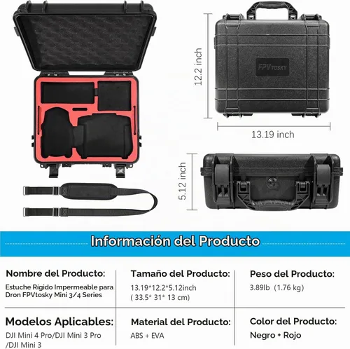 Vista 6 de FPVtosky Funda rígida de doble capa para DJI Mini 4 Pro Fly More Combo, funda de transporte impermeable para Mavic Mini 3/3 Pro Drone, compatible