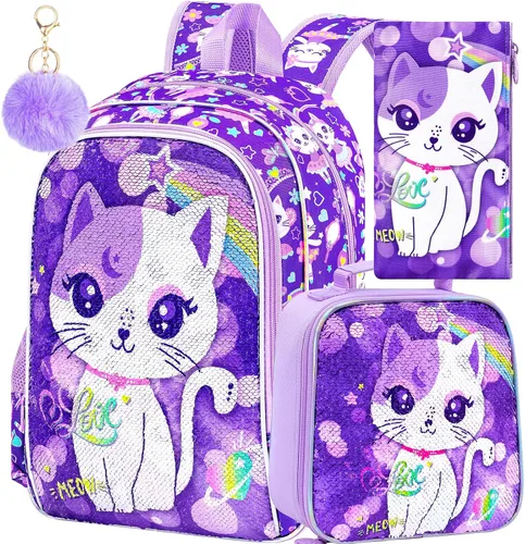 Vista 11 de KLFVB 3 mochilas de sirena de unicornio para niñas, bolsa de libros y lonchera de lentejuelas de 16 pulgadas, mochilas preescolares para primaria
