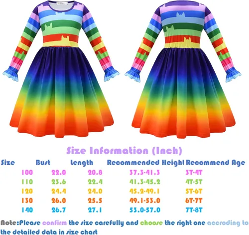 Vista 5 de SHELOVESIT Vestido de arcoíris para cumpleaños de niñas, vestido de juego de casa de muñecas, disfraz de gato arcoíris con diadema